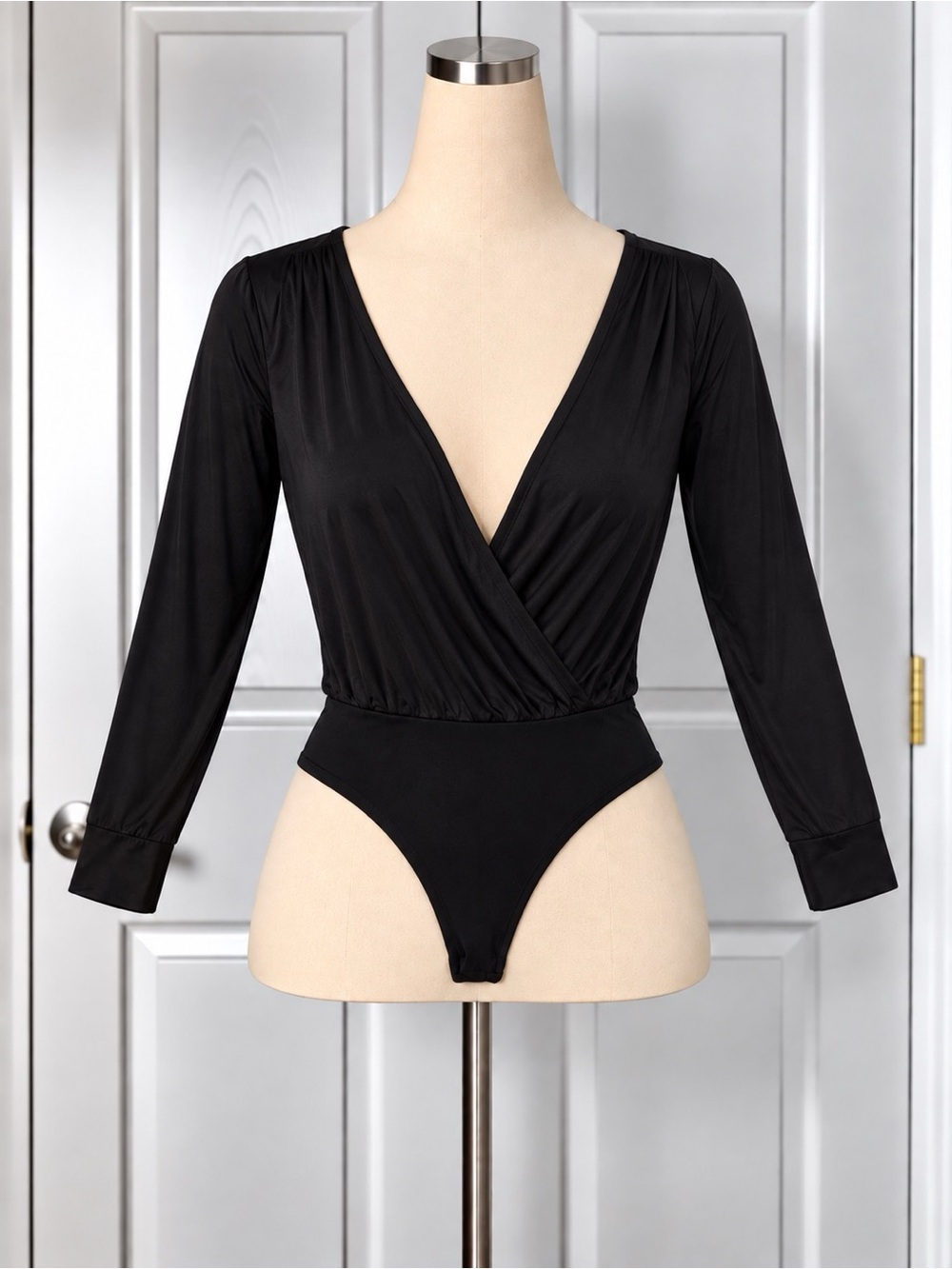 Black Long-Sleeve Surplice Bodysuit L